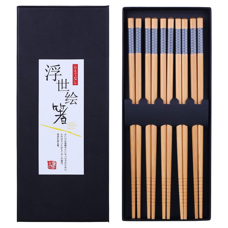 Antner 5 Pairs Bamboo Chopsticks Reusable Japanese Style Chopstick Gift Sets, Classic Natural Bamboo Chop Sticks Dishwasher Safe, 8.8 Inch/22.5cm - Image 1